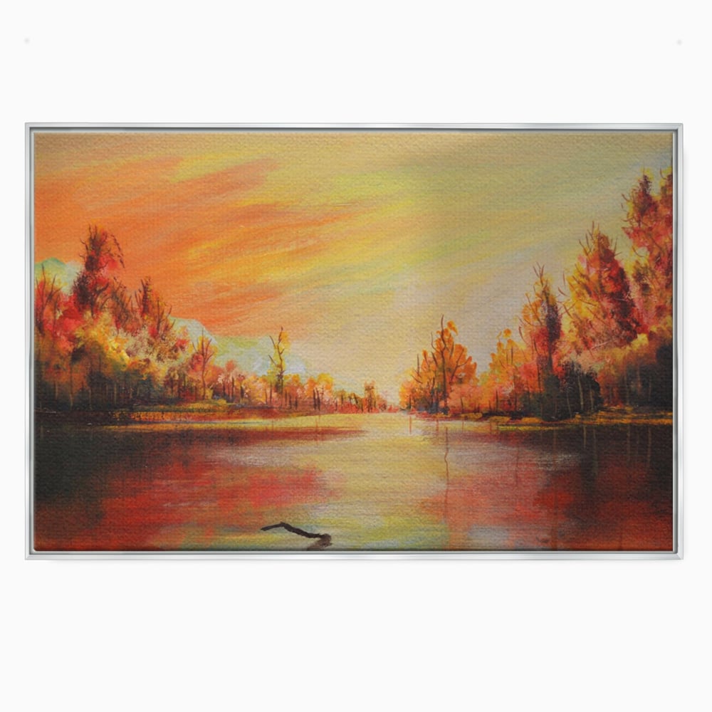 Tablou canvas cu pictura cu peisaj de toamna si lac, in rama de aluminiu argintiu